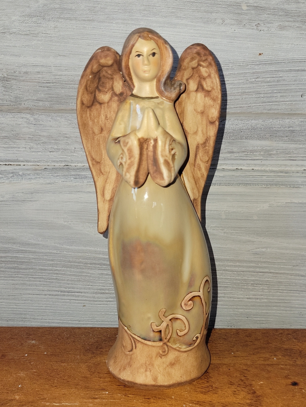 Handcrafted Ceramic Angel Figurine in Cream and Brown Rustic Vintage